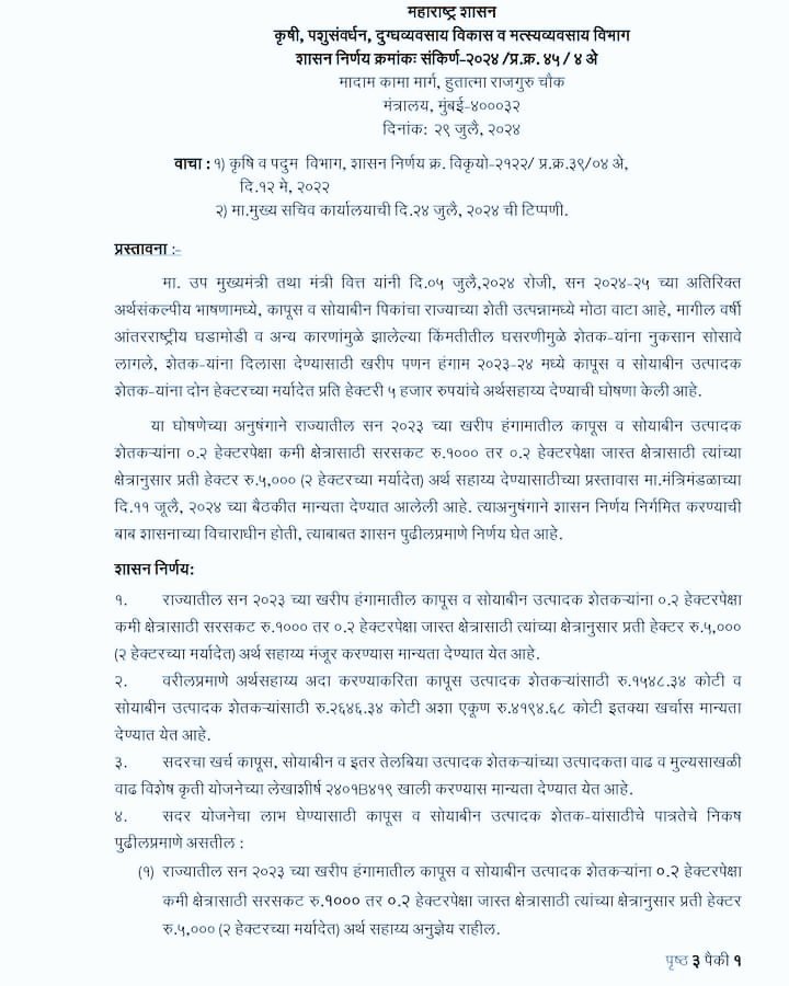 कापूस आणि सोयाबीन उत्पादक शेतकऱ्यांना मिळणार हेक्टरी 5 हजार रुपये अनुदान