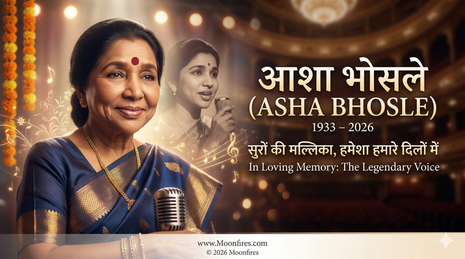 मशहूर पार्श्व गायिका आशा भोसले का आज 12 अप्रैल, 2026 को 92 वर्ष की आयु में मुंबई के ब्रीच कैंडी अस्पताल में निधन हो गया है।